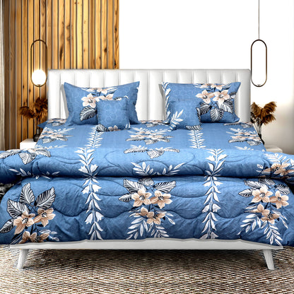 JoJo Stylish Floral Pattern Print Double Bedsheet Set with 4 Pillow Covers | 90 x 100 Inch (Blue)