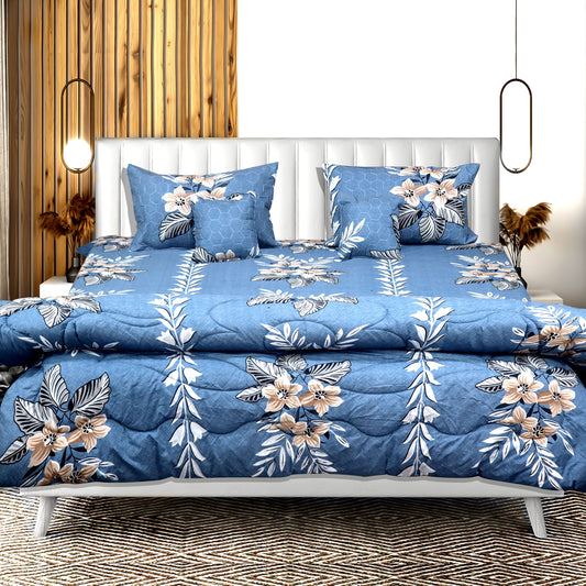 JoJo Stylish Floral Pattern Print Double Bedsheet Set with 4 Pillow Covers | 90 x 100 Inch (Blue)