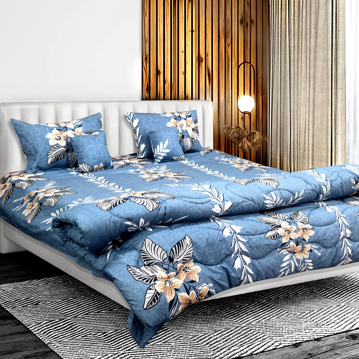 JoJo Stylish Floral Pattern Print Double Bedsheet Set with 4 Pillow Covers | 90 x 100 Inch (Blue)