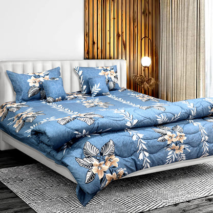 JoJo Stylish Floral Pattern Print Double Bedsheet Set with 4 Pillow Covers | 90 x 100 Inch (Blue)