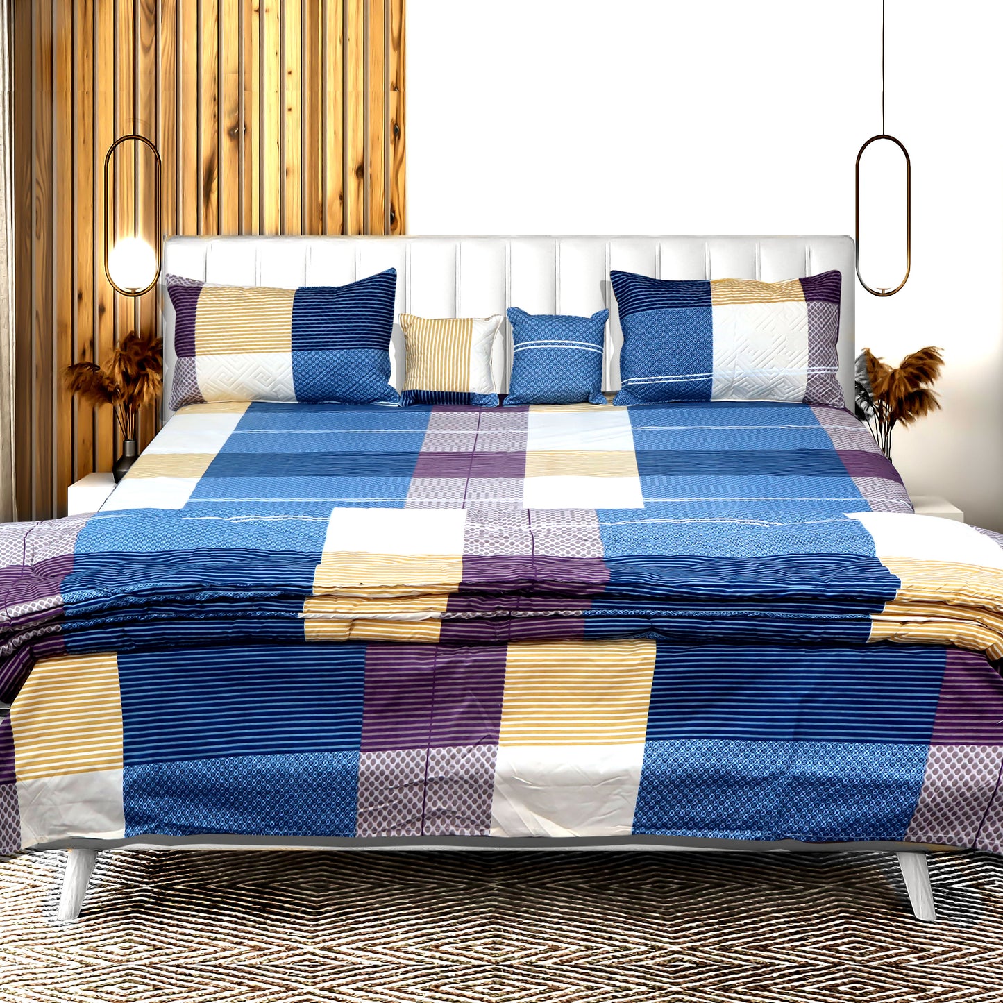 JoJo Geometric Design Double Bed Bedsheet with 2 Pillow Covers | 90 x 100 Inch( Blue)