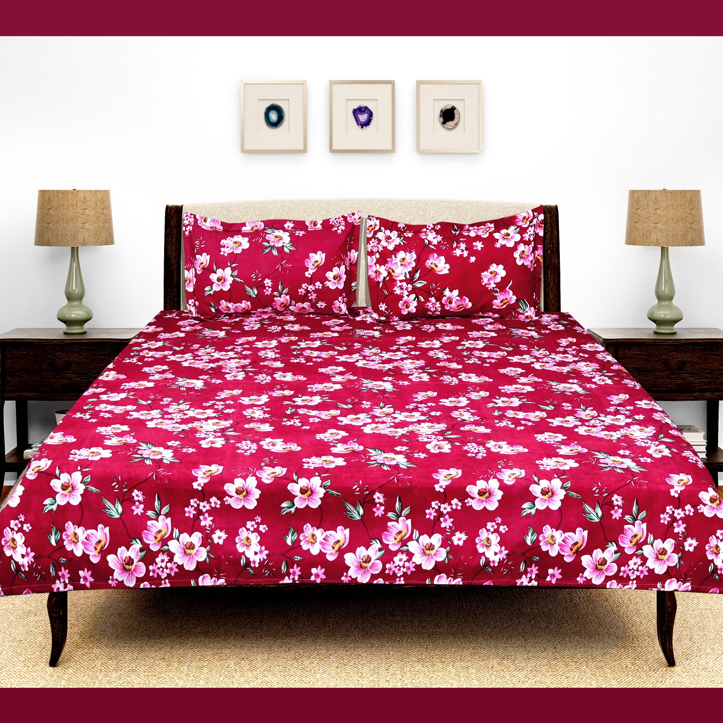 JoJo Double Bedsheet / King size Bedsheet / Floral printed Bedsheet(Pinkish Red)