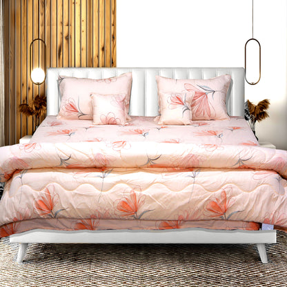 JoJo Contemporary Floral Print Double Bedsheet | Mix N Match Set with 2 Pillow Covers | 90 x 100 Inch (Peach)