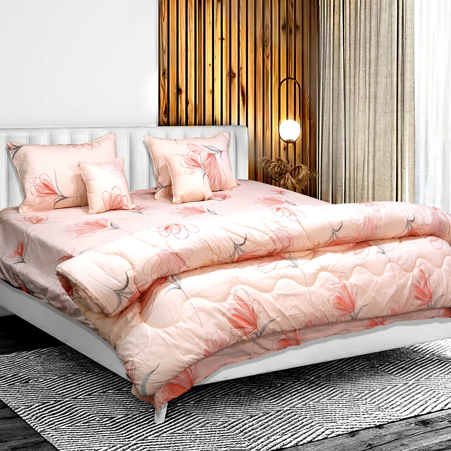 JoJo Contemporary Floral Print Double Bedsheet | Mix N Match Set with 2 Pillow Covers | 90 x 100 Inch (Peach)