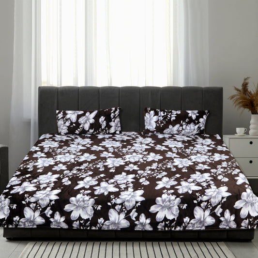 JOJO Premium Velvet Flannel Winter Bedsheet for King Size Double Bed Floral Pattern - Dark Brown