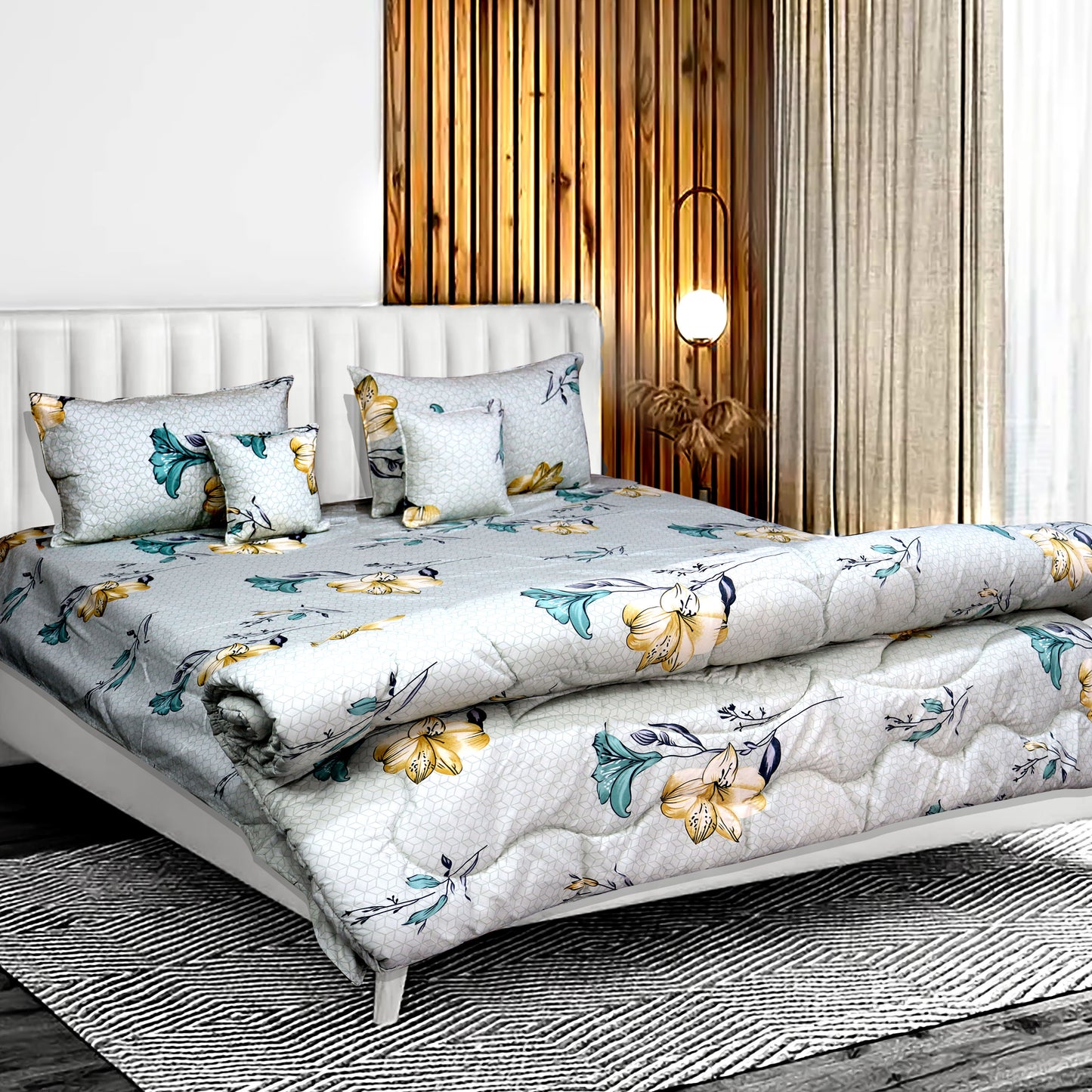 JoJo Double Bed Bedsheet with Floral Pattern | Mix N Match Style and 2 Pillow Covers | 90 x 100 Inch (Grey)