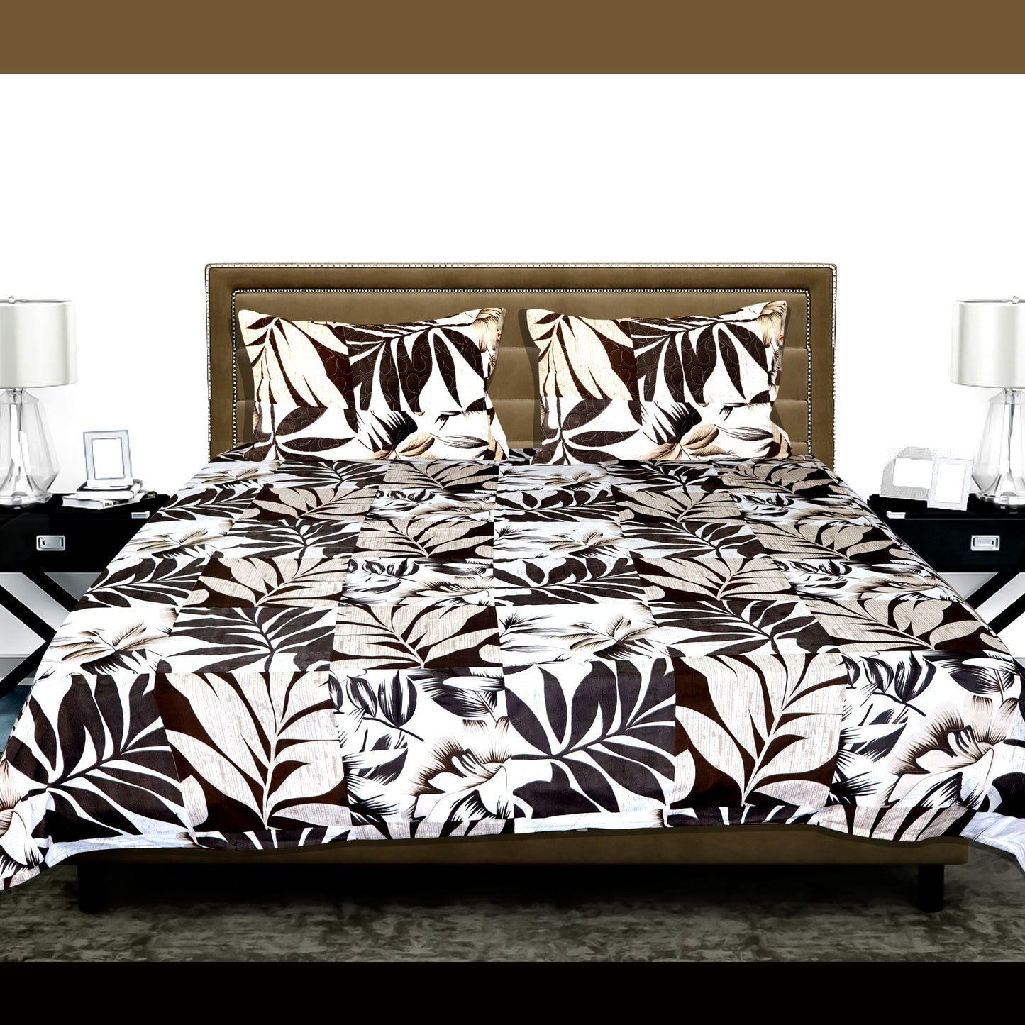 JoJo Leaf Pattern Double/King Size Bedsheet with Coordinated Pillow Covers (Brown)