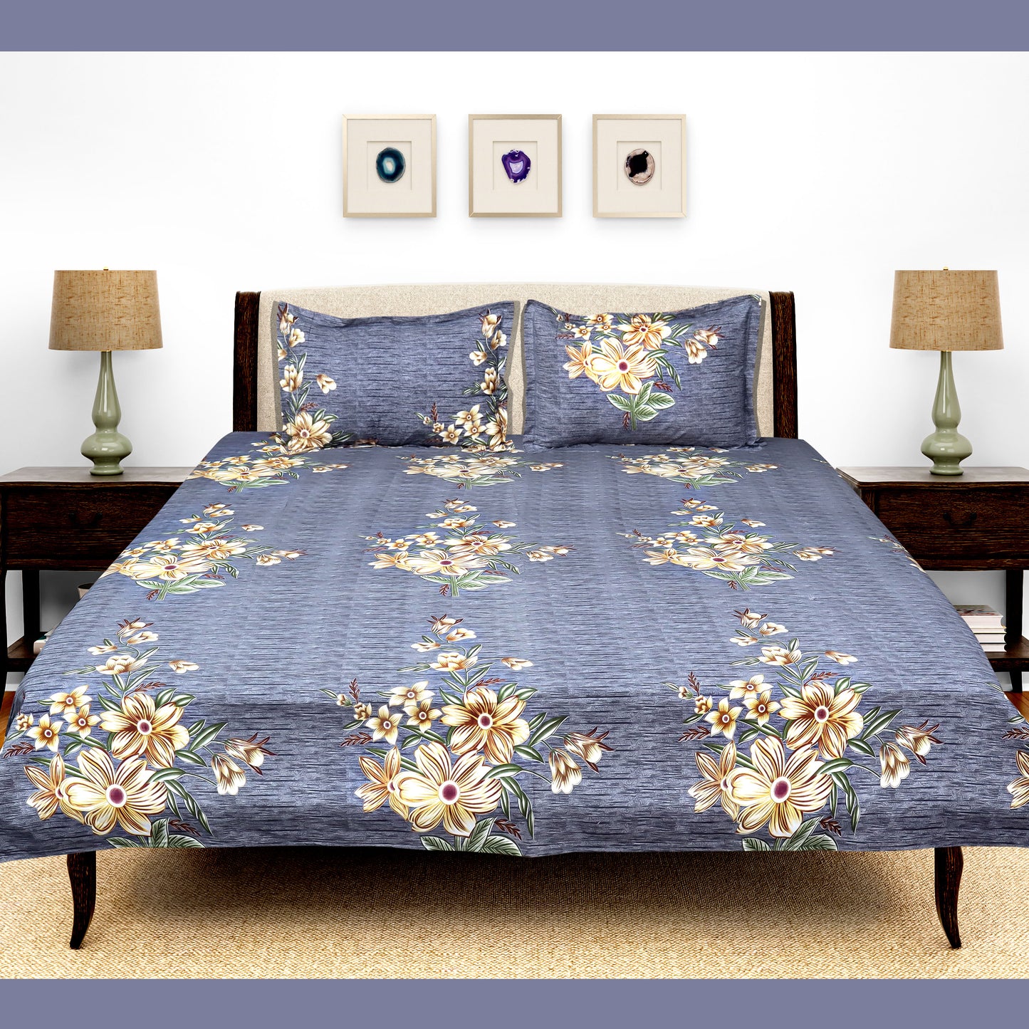 JoJo Double Bedsheet / King size Bedsheet / Floral printed Bedsheet(Storm Grey)