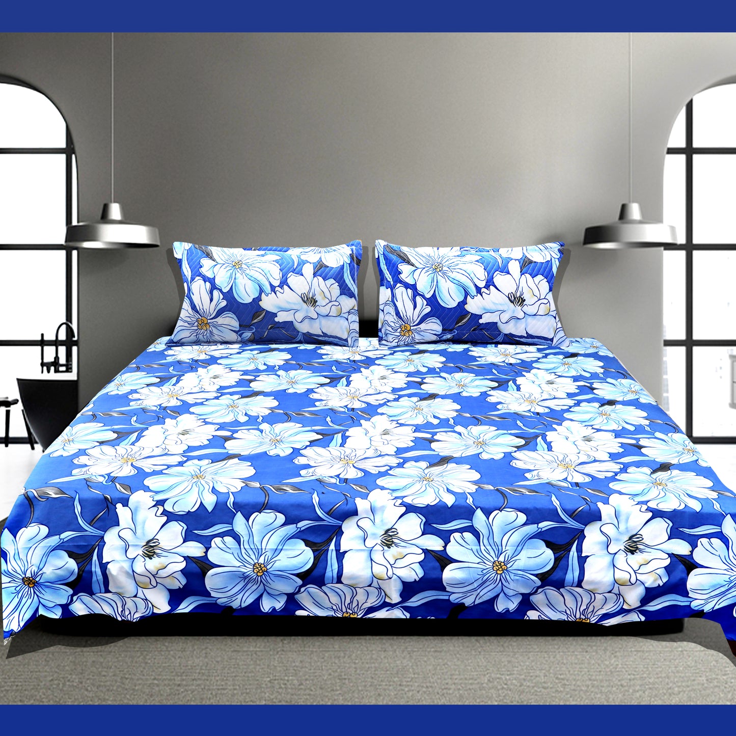 JoJo Floral Pattern Double/King Size Bed Linen Set with Coordinated Pillow Covers(Skyline Blue)