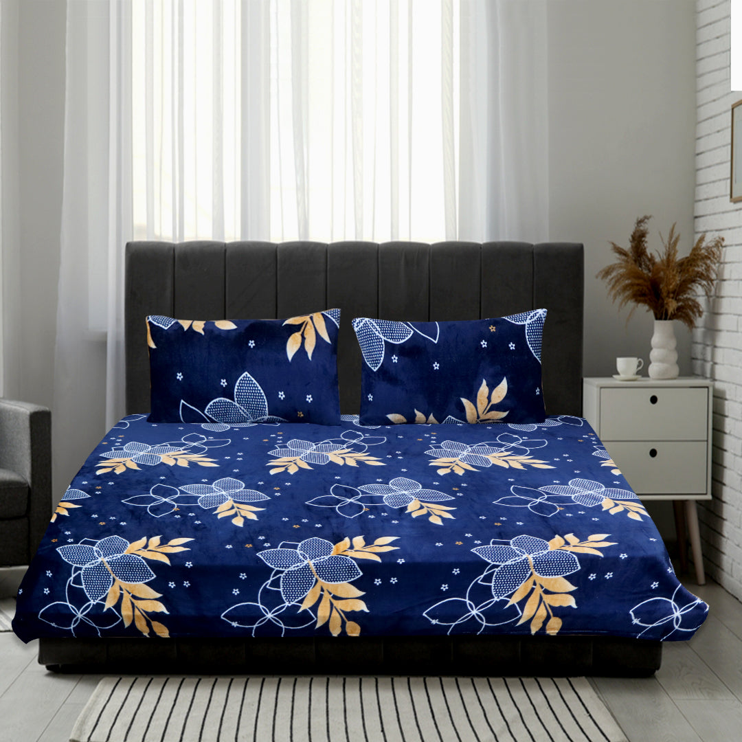 JOJO Velvet Warm Winter Flannel  Flat Bedsheet for Double Bed King Size  with 2 Pillow Covers - Premium Woolen Bedsheet for Ultimate Winter Comfort - Navy Blue