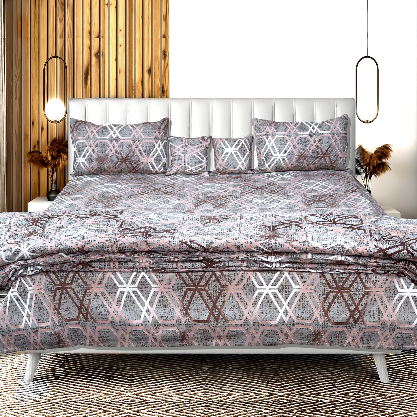 JoJo Stylish Geometric Print Double Bedsheet Set with 2 Pillow Covers | 90 x 100 Inch(Brown)