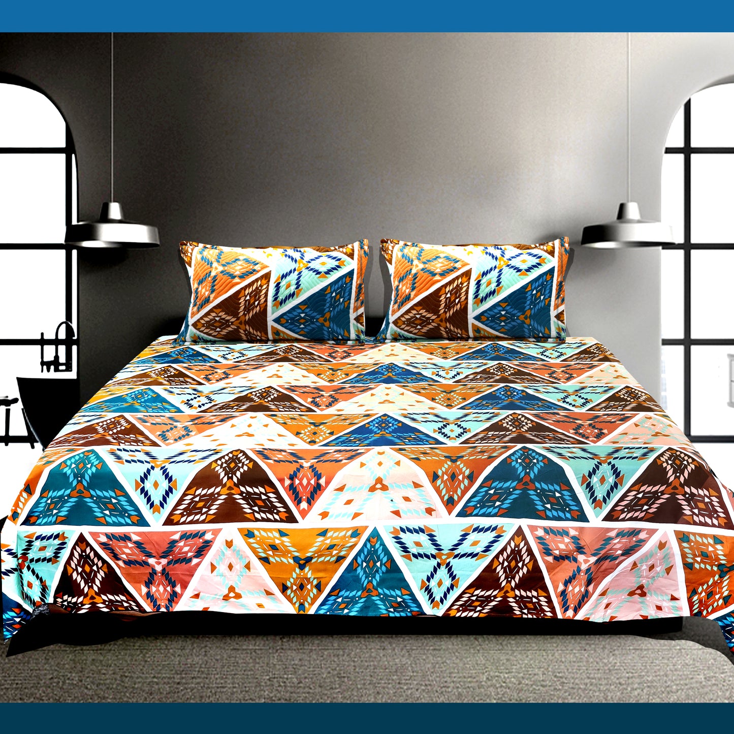 JoJo Geometric Double/King Size Bedspread Set with Matching Pillow Covers(Multi Color)