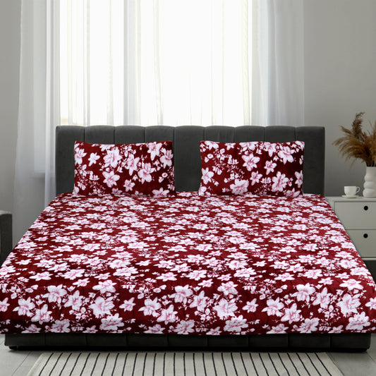 JOJO Luxurious Dark Red Color Velvet Plush Winter Flat Bedsheet for King Size Double Bed with 2 Pillow Covers