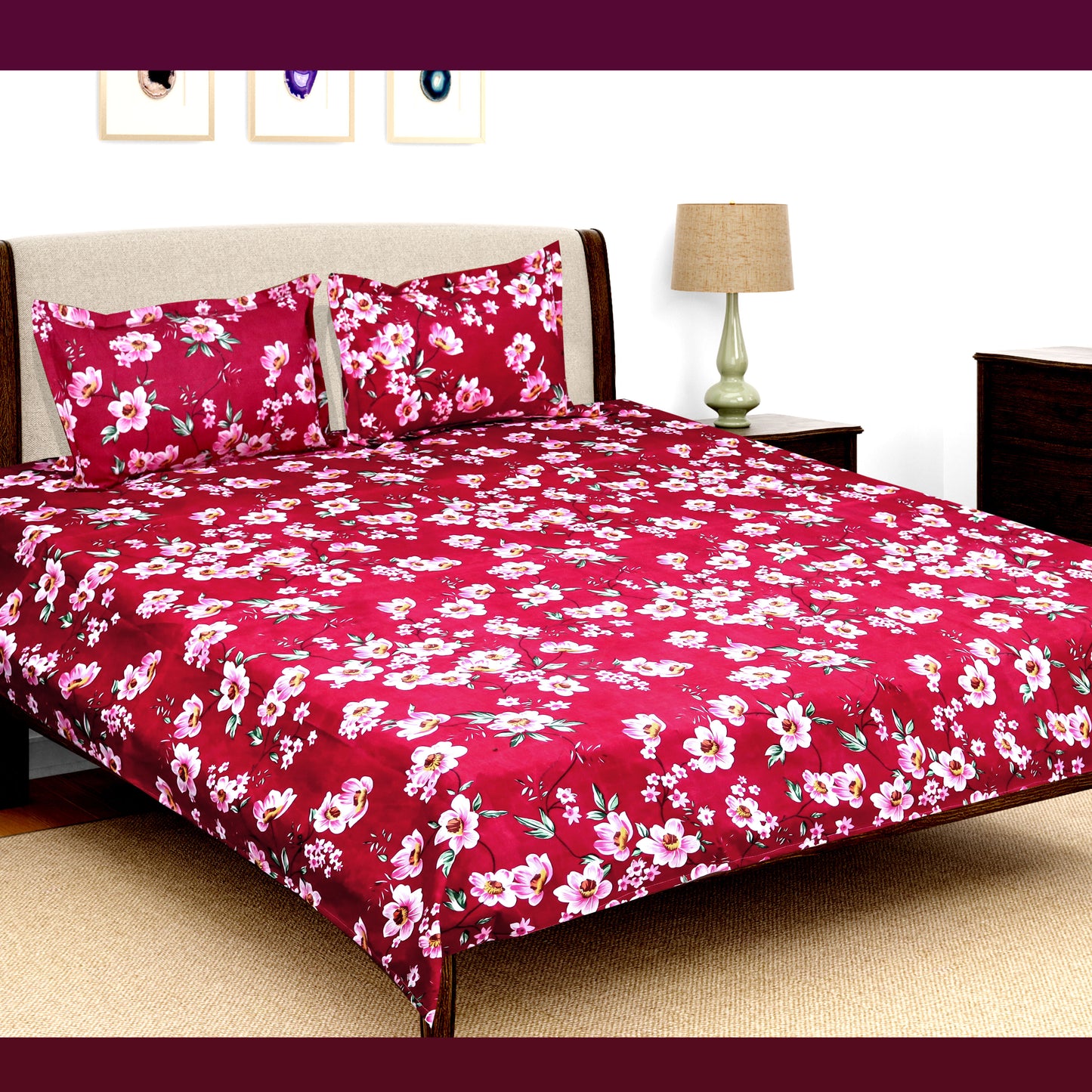 JoJo Double Bedsheet / King size Bedsheet / Floral printed Bedsheet(Pinkish Red)