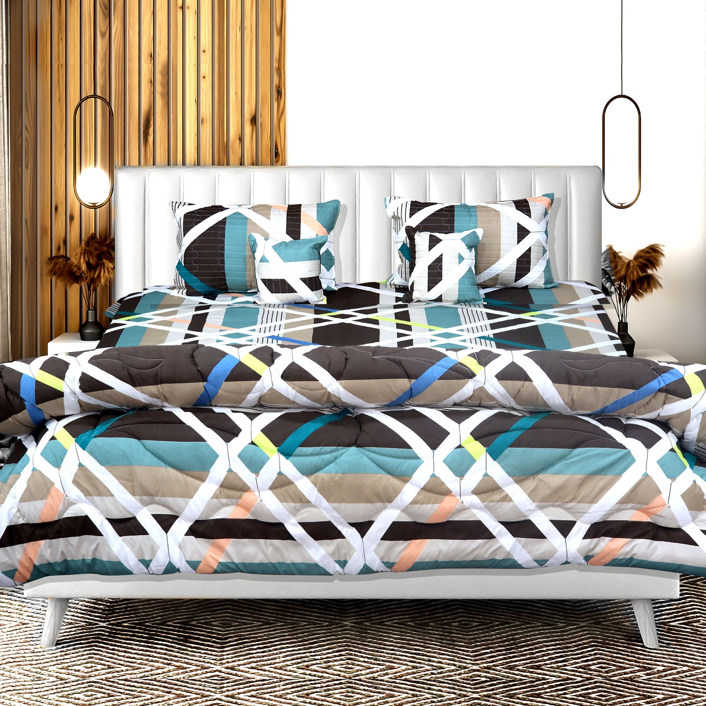 JoJo Trendy Geometric Design Double Bedsheet | Mix N Match Collection with 2 Pillow Covers | 90 x 100 Inch